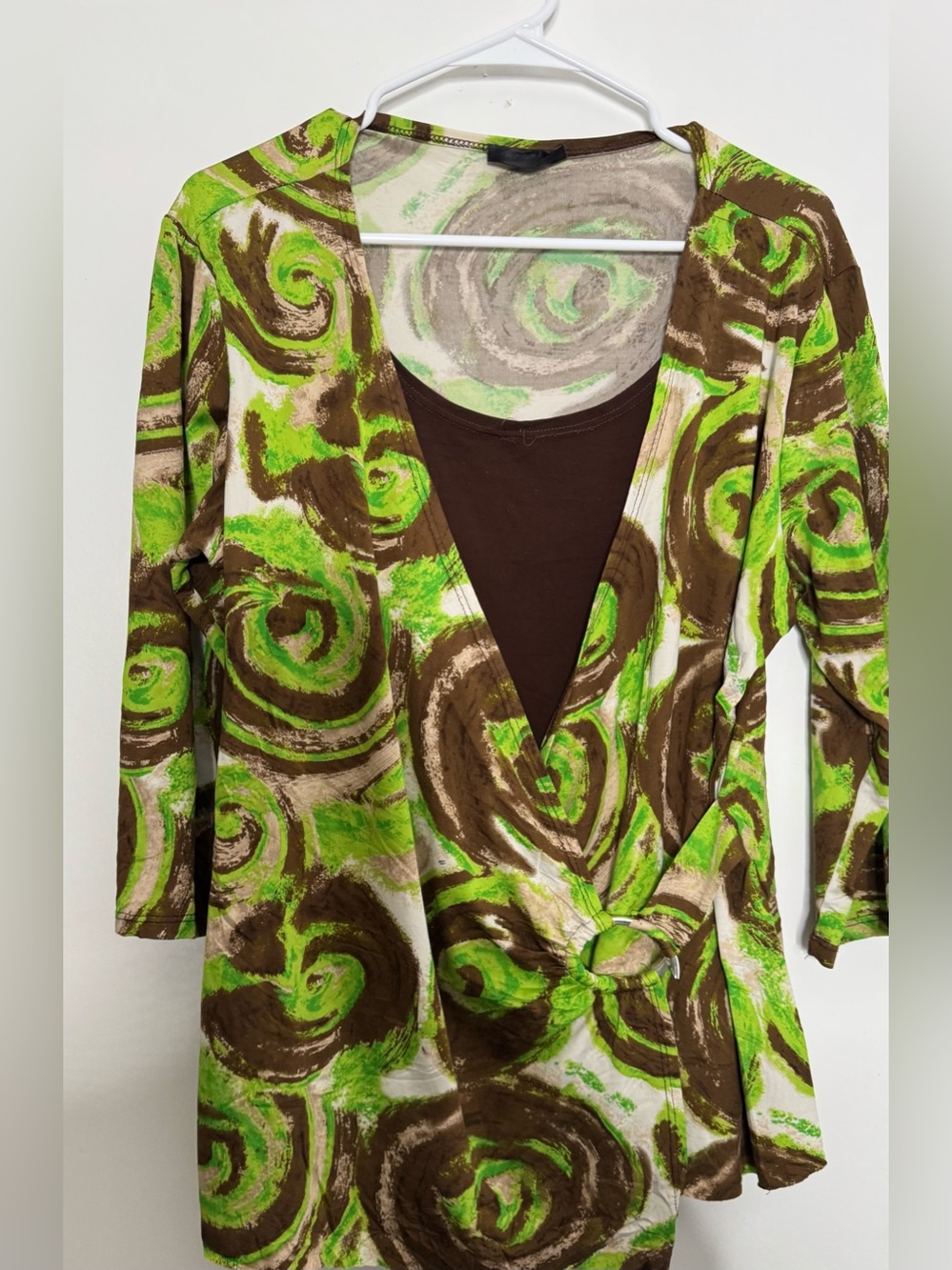 Women’s Brown and Lime Green Swirl Wrap Tunic stretch blouse size xl